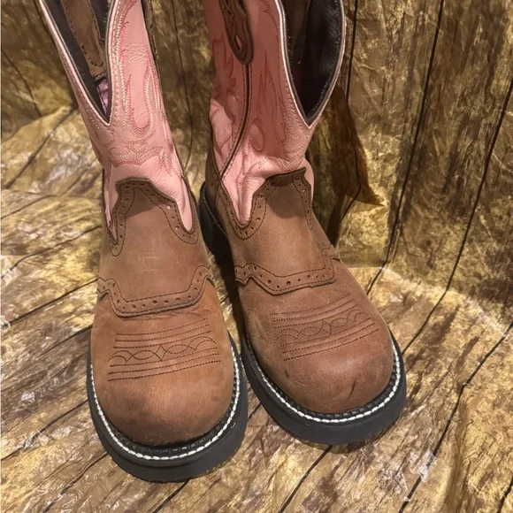 Justin Gypsy Brown and Pink Leather Western Boots Size 10B - Picture 6 of 7